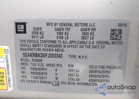 2015 Buick Enclave Leather from USA, damaged, VIN 5GAKRBKD6FJ390343